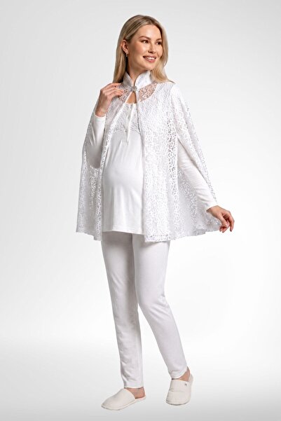 Mecit Pijama Mecit 6402 Elegant Ekru Dantel Pelerinli Lohusa Pijama Takımı