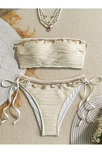 LA VALİENTE Crema Kadın Bej Deniz Kabuğu Detaylı Straplez Bikini Takımı - İpl...