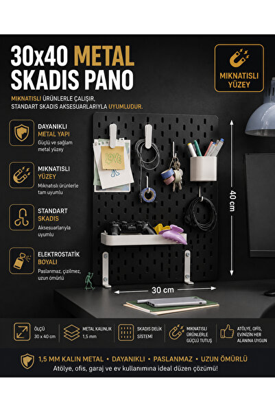 TechnoLoby Pegboard Çok Amaçlı SİYAH METAL Pano 30x40 cm Organizatör Pegboard