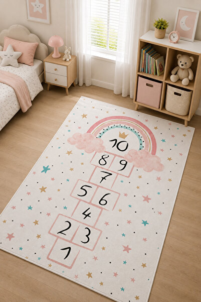 PINKIE HOME Pembe Çocuk Halısı Kaymaz Kaydırmaz Taban Seksek Oyun Halısı Bebe...