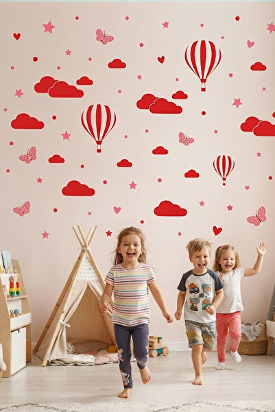 Kt Grup Kırmızı-beyaz Bulutlu Balonlu Çocuk Odası Dekoru Sticker Seti