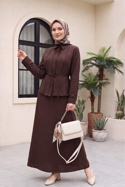 Modamorfo Stone Detailed Belted Skirt Lined Polyviscon Suit - Dark Brown