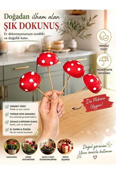 🍄Dekoratif El Yapımı Kırmızı Mantar Saksı Süsü – 4’lü Set