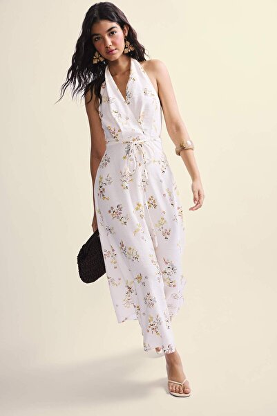 DeFacto Halter Neck Floral Sleeveless Halter Neck Midi Ecru Dress H9339Ax26Sm