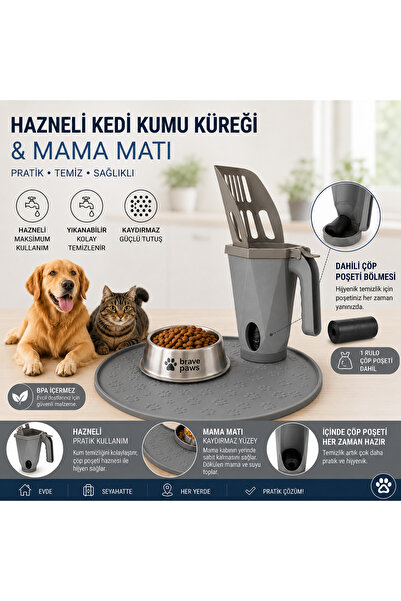 BRAVE PAWS Hazneli Kedi Kumu Küreği + Silikon Mama Matı Seti | Çöp Poşeti Haz...