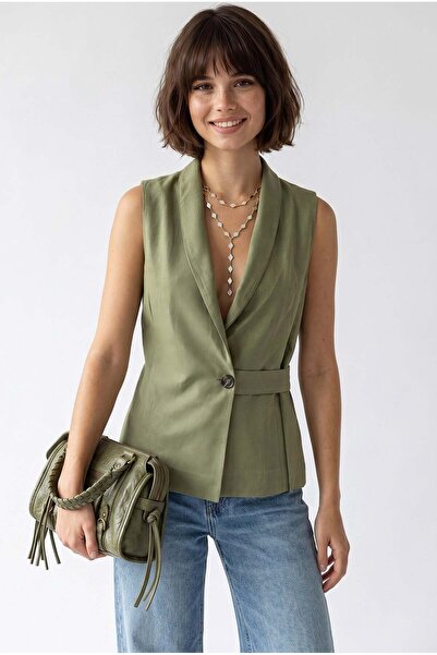 Mixray 2125 Women's Double-Breasted Collar Belted Linen Vest Khaki