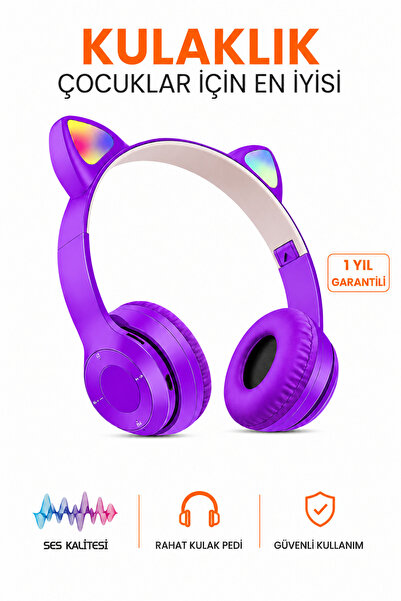 Ayers Çocuk Için Kedi Kulaklı Işıklı Mikrofonlu Kablosuz Bluetooth Kedili Çoc...