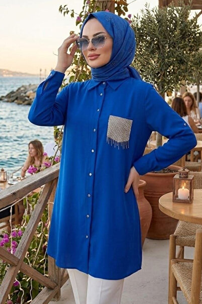 N.S NEVA STYLE Düğmeli Sax Mavisi Tesettür Gömlek 50055SX
