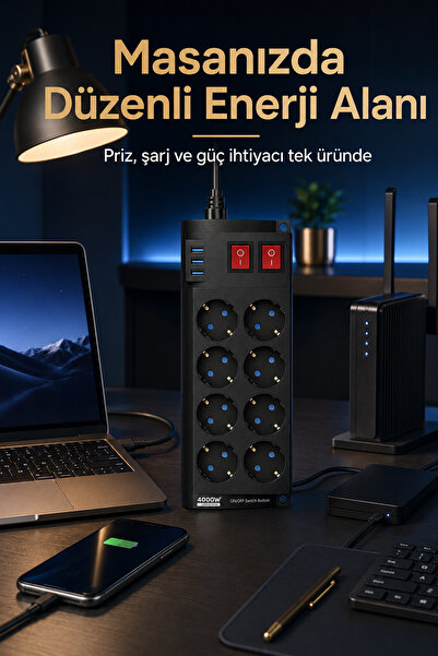 The Wlue 8'li Priz | 4000Watt |16A | Akım Korumalı | 2 Metre Uzatma Kablosu | 3xUSB-A | 2.1A