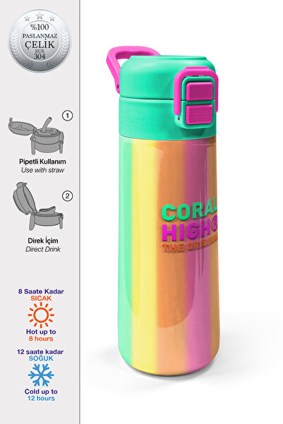 Coral High Kids Renkli Çizgili Desenli Pipetli ve Direkt İçim Çelik Termos 50...