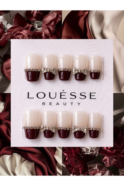 Louesse Beauty LOUÉSSE BEAUTY El Yapımı Takma Tırnak Bordo French Fiyonk Deta...