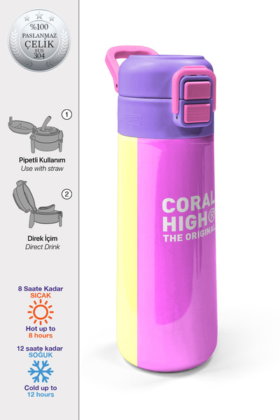 Coral High Kids Çok Renkli Desenli Pipetli ve Direkt İçim Çelik Termos 500 ml...