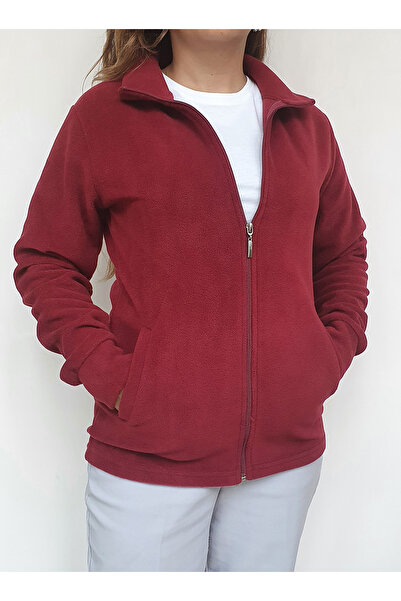 Generic Brand Unisex Burgundy Zippered Stand Collar Fleece Coat - Burgundy - ...