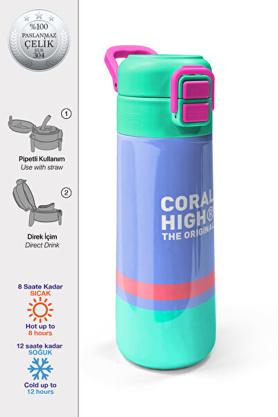 Coral High Kids Derin Mavi Renkli Pipetli ve Direkt İçim Çelik Termos 500 ml ...