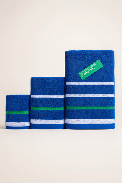 Benetton Home منشفة حمام لليد والوجه والجسم باللون الأزرق، مجموعة من 3 قطع، ق...