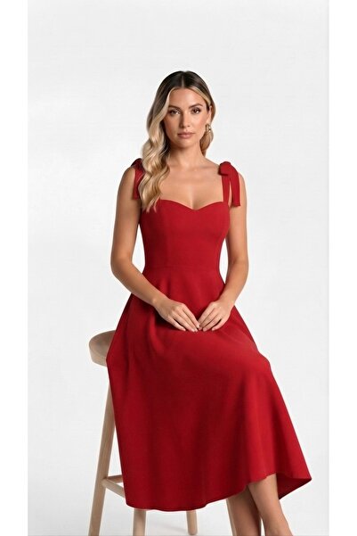 AYSAR Red Heart Collar Bow Detailed Strappy Midi Dress