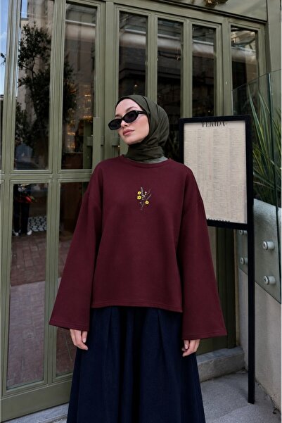Lunfia Çiçek Nakışlı Salaş Yuvarlak Yaka Bluz - Bordo