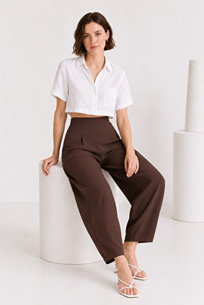 WOMAN VISION Pantaloni de damă maro, cu talie înaltă, plisați, din crep, tip ...