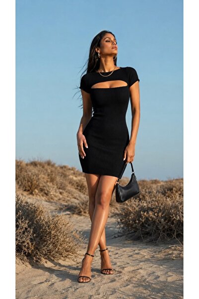 Modafeminen Chest-Cut Ribbed Mini Dress Black Tr0283