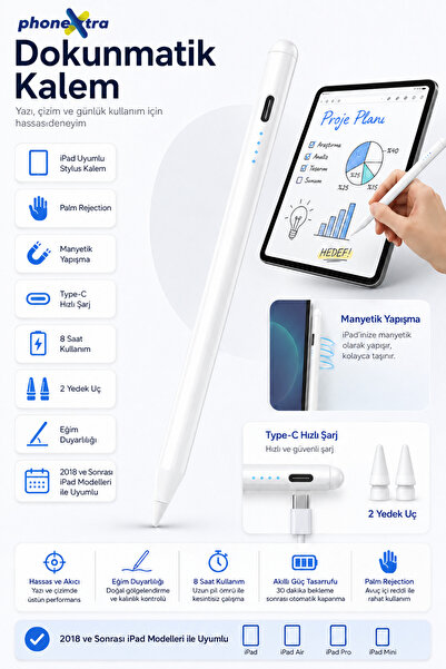 Phonextra iPad Uyumlu Dokunmatik Kalem Avuç İçi Algılamayan Type-C Manyetik S...