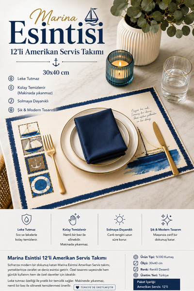 izbul Marina Esintisi 12-Piece American Service Set 30X40 cm Stylish and Mode...