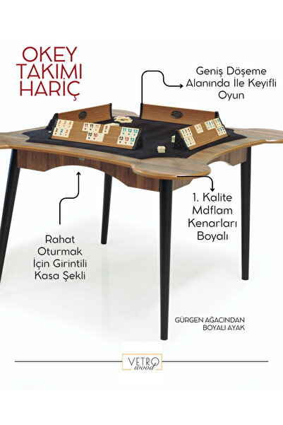 VETROWOOD Okey Masası – 4 Kişilik Oyun Masası Ceviz Desenli (Sandalyesiz)