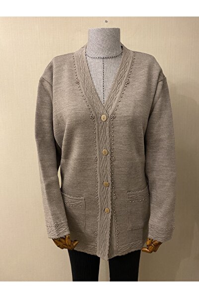 TEK Beaded Knitwear Stylish Patterned Mother's Cardigan with Pearl Detail / Mink