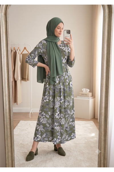 Women's Cotton Modal Fabric Long Pocket Patterned Dress / Ecru-Green - 7703