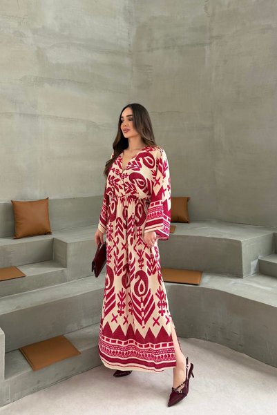 mezqa Pink Patterned Double Breasted Collar Long Women's Dress
