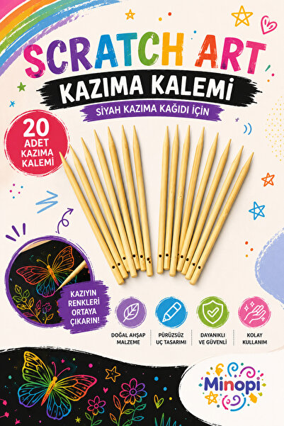 Minopi 20'li Ahşap Siyah Kazıma Kağıdı Kalemi Scratch Art Kağıt Kazıma Çubuğu