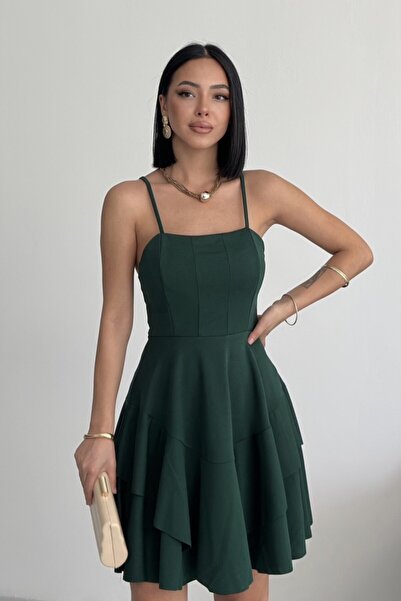 ALFUDO Moda Collection İnce Askılı Eteği Kat Detay Abiye Elbise Zümrüt Mezuni...