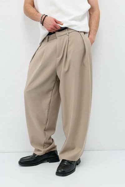 VAMOSCLO Barrel Fit Tailored Trousers Beige