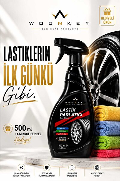woonkey Lastik Parlatıcı Seti 500 ml + 4 Adet Premium Mikrofiber Bez Lastik P...