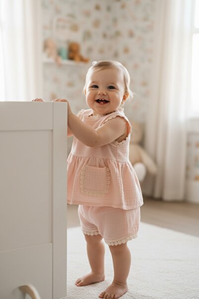 Nio Lua Baby Girl 2-Piece Set with Scallop Lace and Muslin Shorts, 100% Cotton