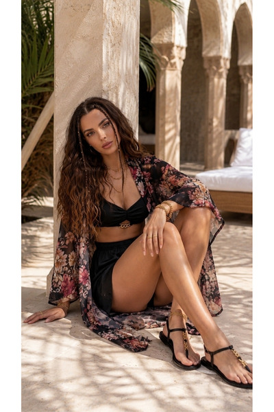 PICO fashion Saten Desenli Üç'lü Set- Kimono & Bluz & Şort Takım
