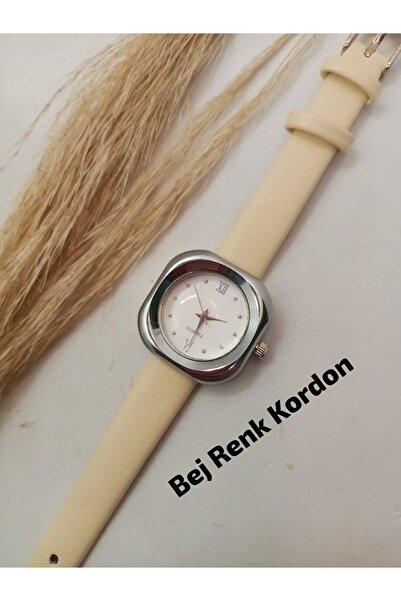 QUARTZ MİNİMAL VİNTAGE KADIN KOL SAATİ RETRO MODEL BEJ RENK KORDON , Gümüş Re...