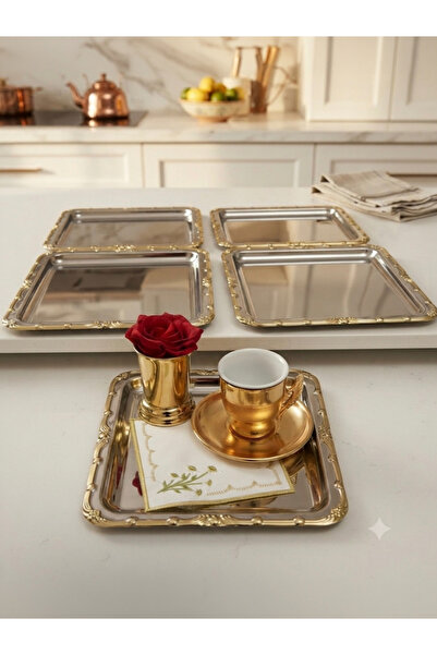 Elzemm store PASLANMAZ ÇELİK KARE 6 ADET KENARI KENDİNDEN GOLD DESENLİ ÇAY KA...