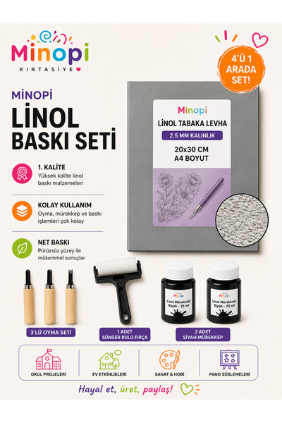 Minopi Linol Tabaka Levha 2.5 Mm 20X30 Cm , Siyah Mürekkep , Rulo Sünger , 3'...