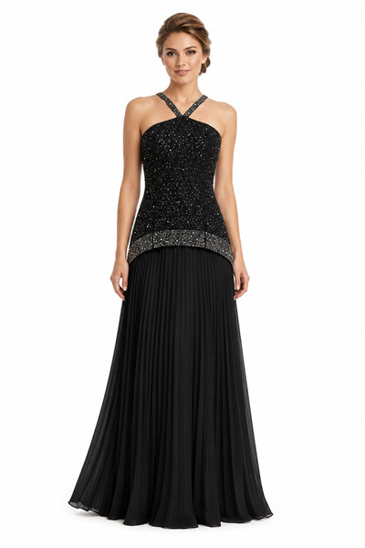 unbranded Women's Black Beaded Halter Neck Pleated Maxi Evening Dress – Elega...