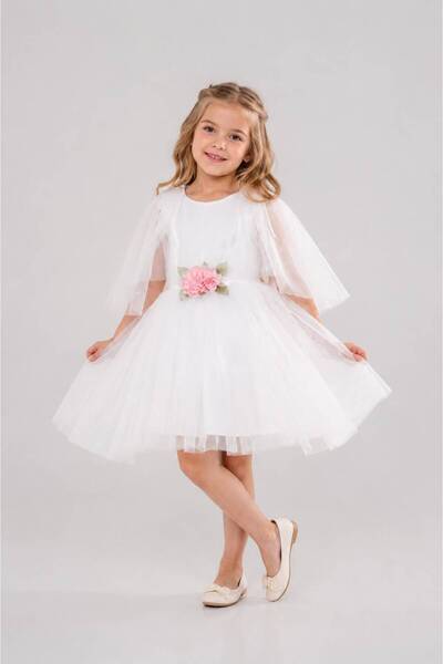 Eray Kids Kız Çocuk Abiye Elbise Incili Tüllü Çiçek Detaylı 4-7 Yaş
