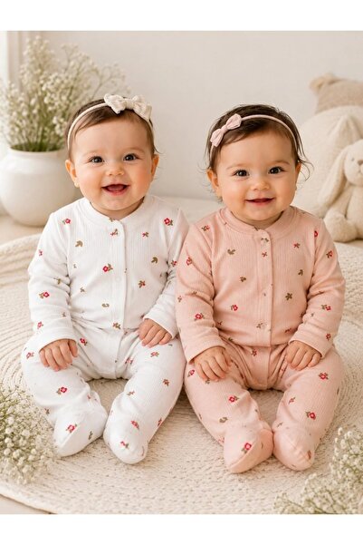 Mıdırık Organic Baby Girl Floral Patterned 2-Piece Jumpsuit Set Newborn Outfi...