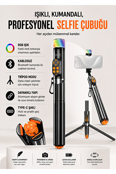 Asfal Otomatik Açılıp Kapanan RGB LED Işıklı, Çantalı Selfie Çubuğu, Bluetoot...