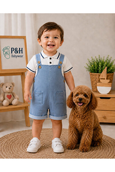P&H BABYWEAR Polo Collar Short Sleeve and Denim Strap Overalls Summer Baby Bo...
