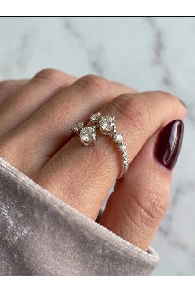 EKİDORA Twin Stone Adjustable Women's Ring with Zircon Stone Row Model Gold S...