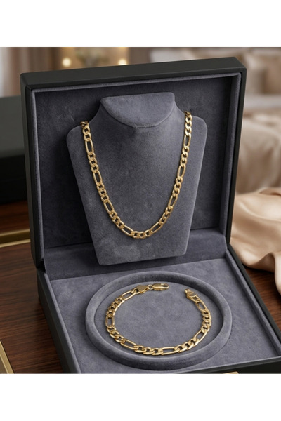 GOSEA Kararma Solma Yapmaz Gold Figaro Çelik Zincir Kolye & Bileklik Seti | P...