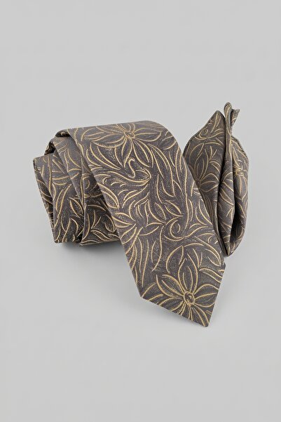 Milleniva Retro Shawl Patterned Gray Gold Tie & Handkerchief