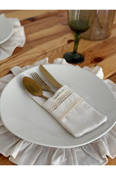 KaiAtelier 2Li Natural Linen Lace Detailed 2-Compartment Spoon Holder / Napki...