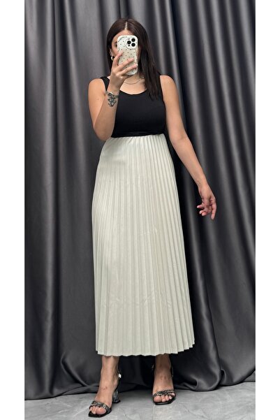 NİSUM MODA Leather Look Straight Pleated Skirt