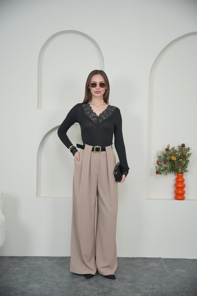sahraozluk Bridge Detailed Belted Palazzo Pants Milk Coffee Color