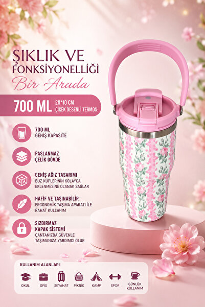 teknohediye 700 ML Paslanmaz Çelik Termos-- 20*10 Cm-- Bardak Çiçek Desenli, ...